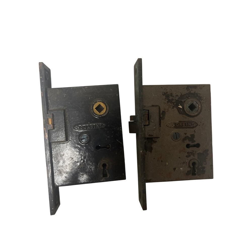 Pair set of 2 Antique Corbin ornate Mortise Lock Box Cast Iron art deco USA